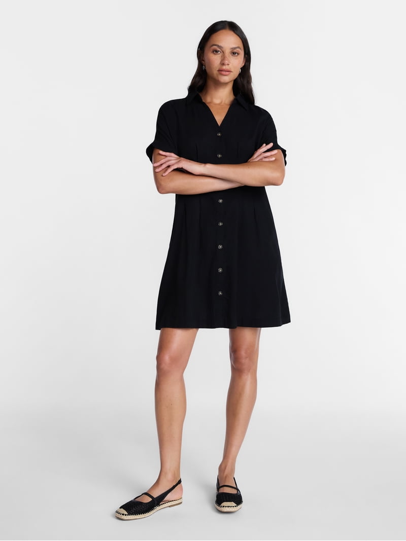 Time And Tru Women's Linen Pleated Waist Fit And Flare Mini Shirt Dress, Sizes Xs-xxxl, Black Time And Tru Women's Linen Pleated Waist Fit And Flare Mini Shirt Dress, Sizes Xs-xxxl, Black