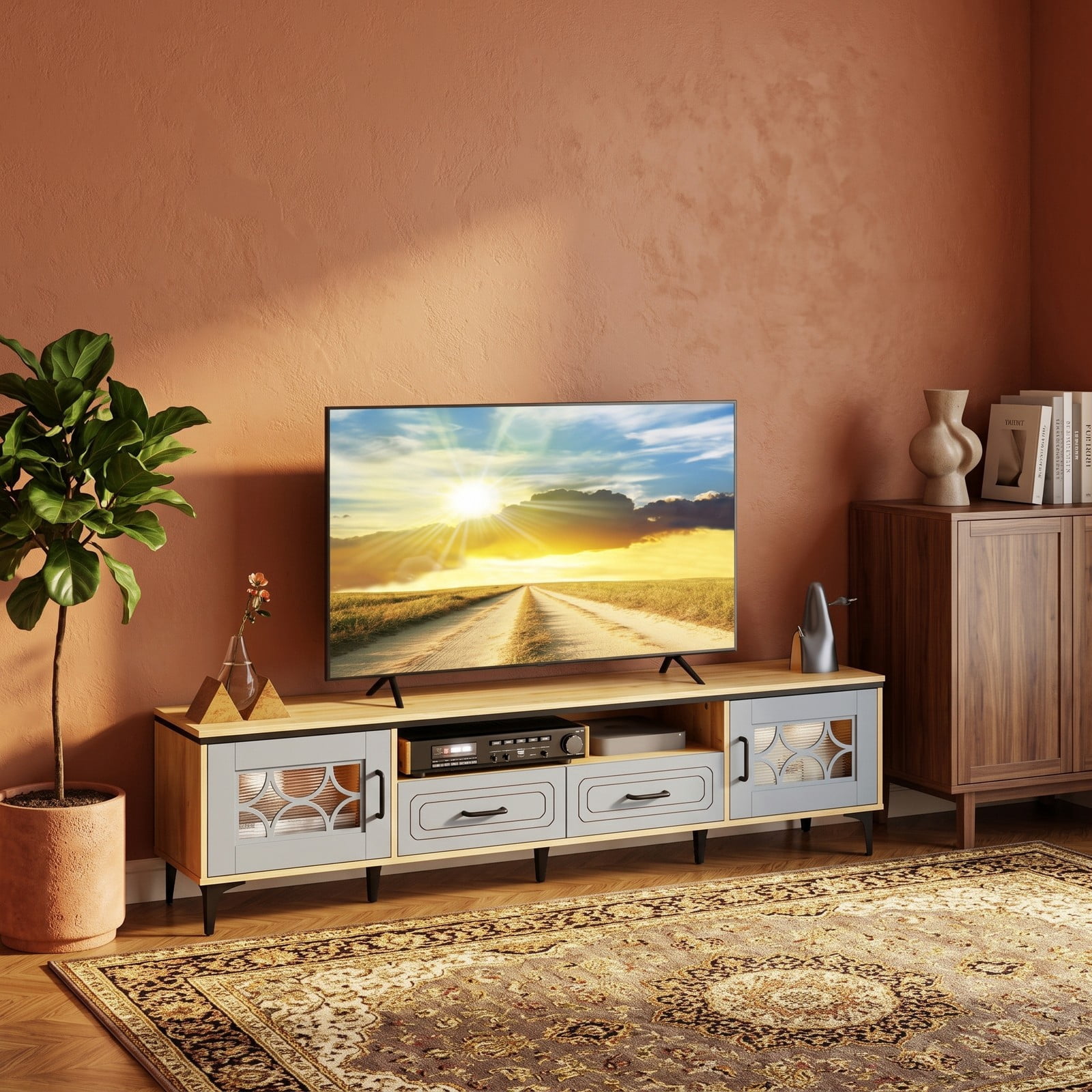 Furnibear Farmhouse TV Stand for TVs up to 80 Inch, 71 Inch Entertainment Center with 2 Drawers, 2 Cabinets & Open Storage Shelf, Wood Media Console, Oak and Gray