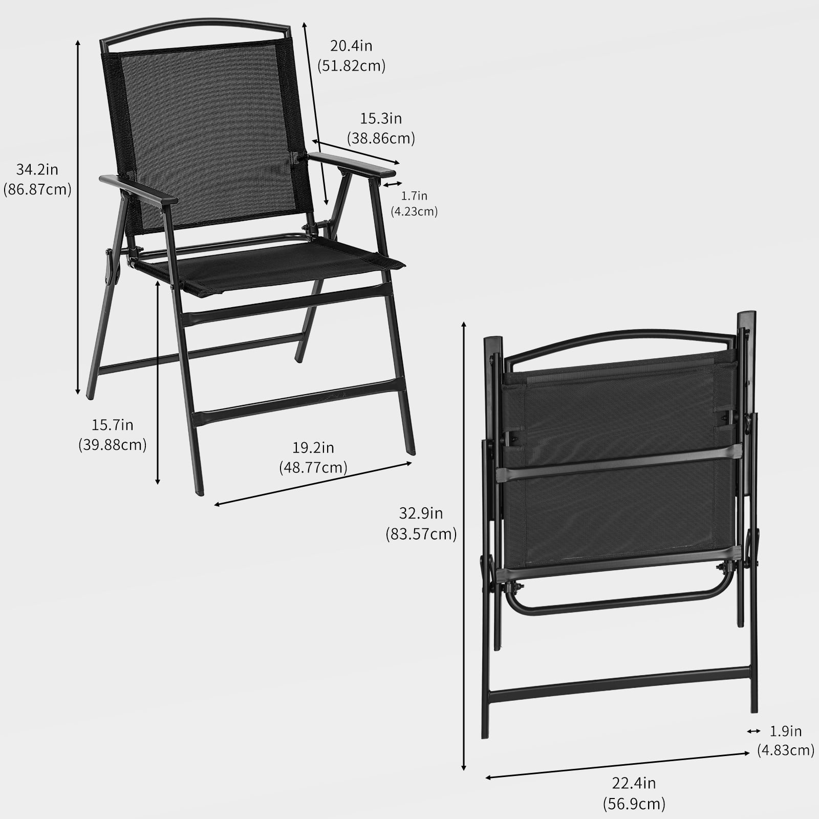 Bylring Outdoor Foldable Patio Dining Sling Chairs Set of 2 with Armrest Black Folding Portable Patio Chairs for Lawn Garden Balcony Living Room Furniture