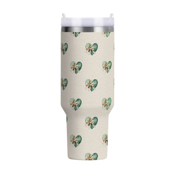 40 oz Tumbler With Handle Stainless Steel Insulated Tumbler With Lid for Car Cup Holder Emerald Green Hearts Pattern