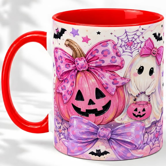Pink Pumpkin Ghost Accent Mug, 11oz Ceramic Coffee Cup for Halloween
