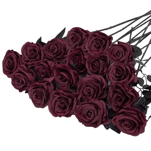 18 Pack Burgundy Roses Artificial Flowers with Black Stems Silk Roses Fake Gothic Flowers Bouquet for Halloween Wedding Centerpiece Table Vase Home Indoor Kitchen Party DIY Christmas Decor
