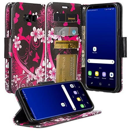 Samsung Galaxy S8 Plus Case - Wydan Wallet Leather Credit Card Flip Book Style Folio Kicktand Feature Cover w/ Wrist Strap Heart Flower - Black