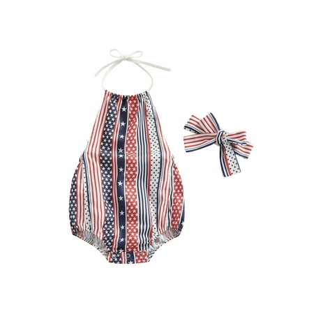 

Canis Cute Rompers and Headband Set for Baby Girls on Independence Day with Stars and Stripes Design