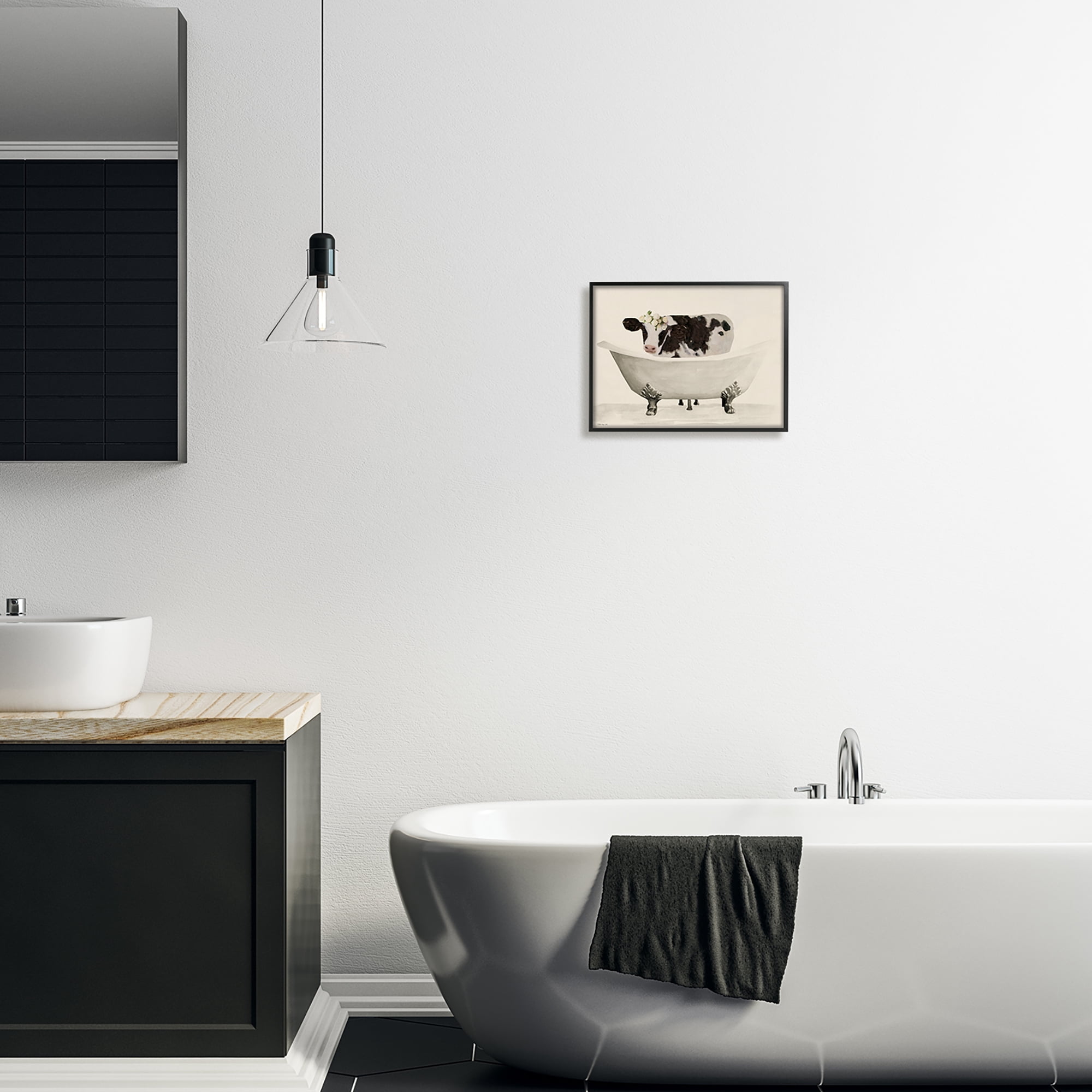 Stupell Industries Antique Bathtub Cow Animals & Insects Painting Black Framed Art Print Wall Art, 14 x 11
