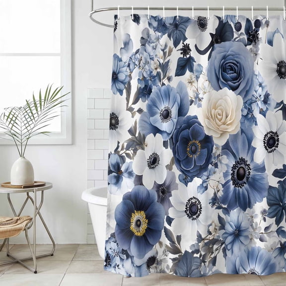 Blue Flower Waterproof Fabric Shower Curtain,Vintage Ink Rose Floral Spring Botanical Waterproof Fabric Shower Curtain for Bathroom Curtains Bathtubs Shower Curtains with 12 Hooks Extra Long 72x96