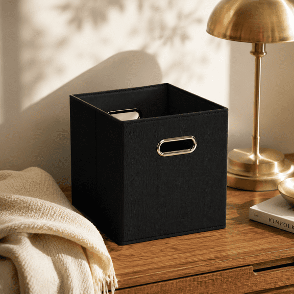 Black Foldable Storage Cubes Bins , Fabric Storage Box Cubes Organizer Baskets with Dual Handles for Home Organizer (Black)