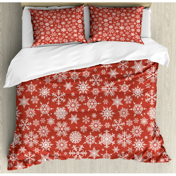 Red Queen Size Duvet Cover Set Various Different Snowflakes With