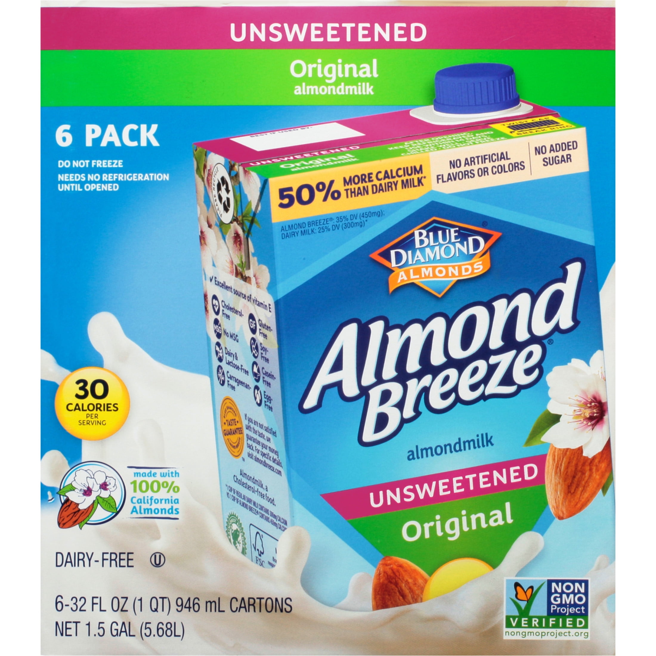 Almond Breeze Unsweetened Original Shelf-Stable Almondmilk, 32 oz (Pack of 6)