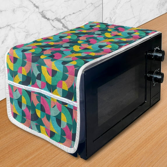 Geometric Microwave Oven Cover, Patchwork Inspired Half Arc Shaped Colorful Curved Stripes in Grunge Style, Water Resistant Organizer with Pockets for Kitchen, 36" x 12", Multicolor, by Ambesonne