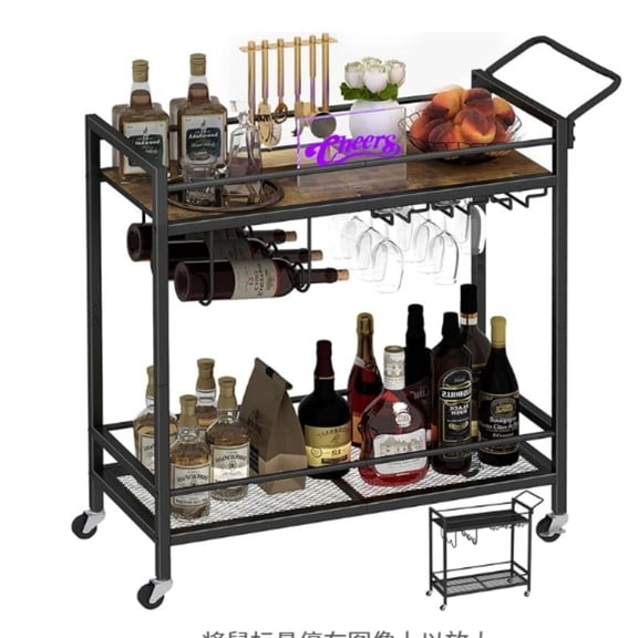 Bar Serving Cart, Mobile Drink Beverage Cart with Two-Color Top Shelf, Rolling Kitchen Cart with Wine Holder and Glass Holder, for Dinning Room, Living Room, Kitchen