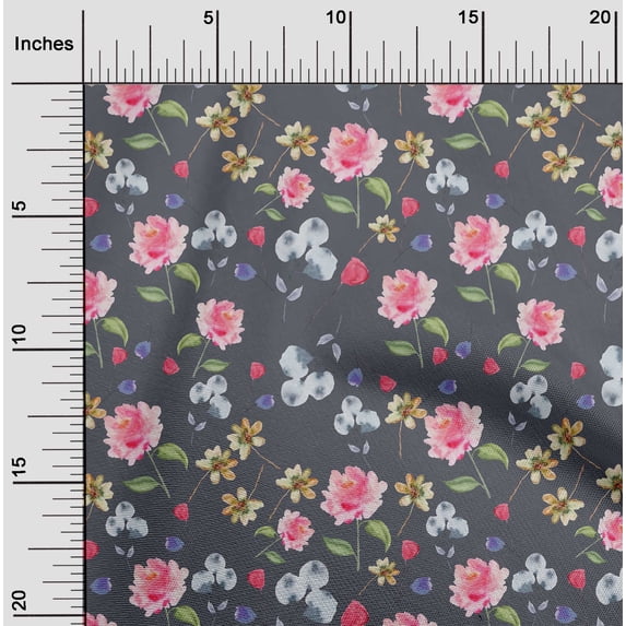 oneOone Cotton Poplin Gray Fabric Flower & Leaves Watercolor Craft Project Decor Fabric Print By The Yard 56 Inche Wide