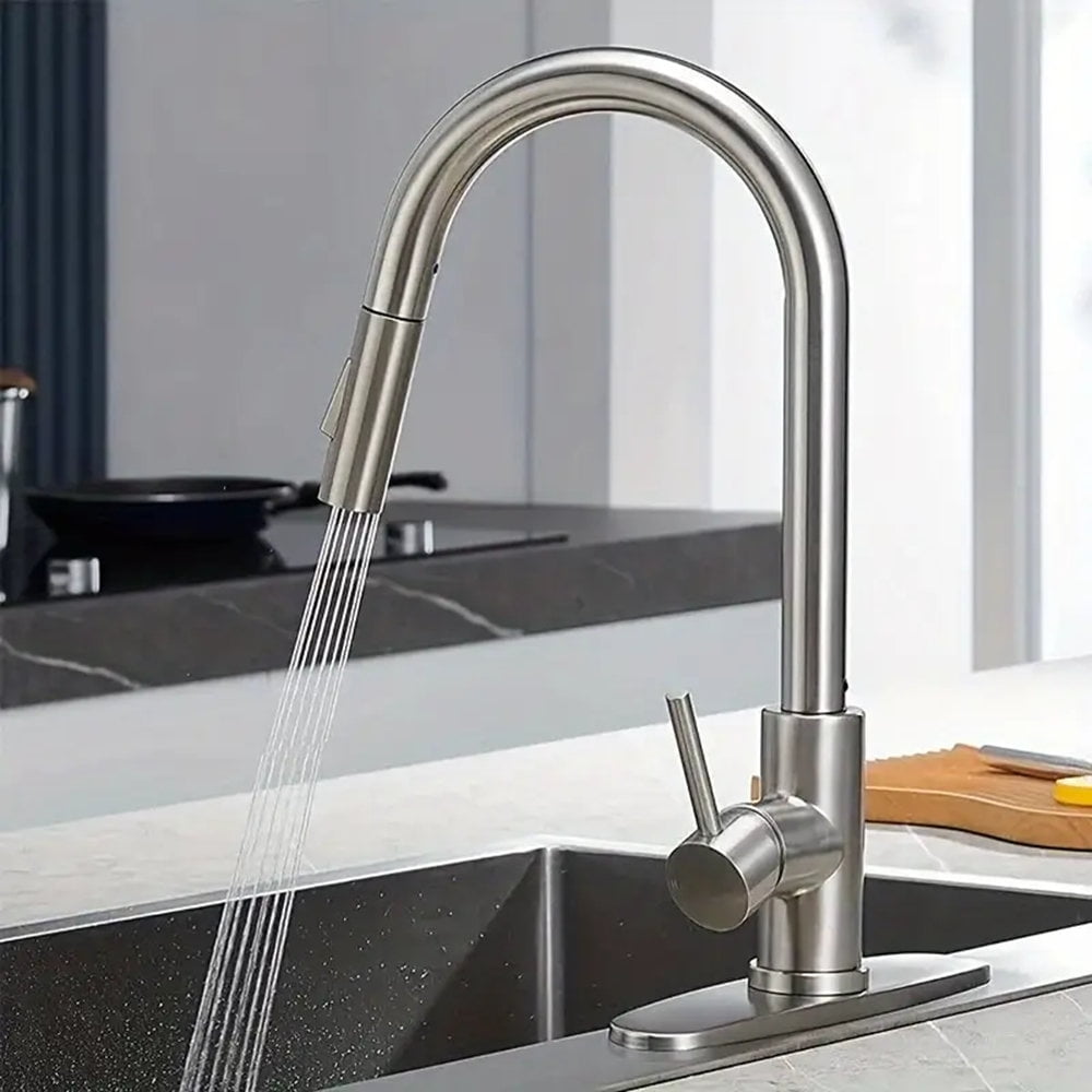 Brushed Nickel Kitchen Sink Faucet Pull Down Sprayer Single Handle Swivel Mixer