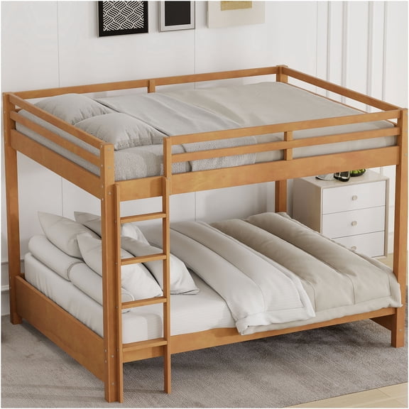JERFIT Queen Bunk Bed with Ladder, Solid Wood Frame for Adults, Space Saving Bunk Bed, No Box Spring Needed, Wood Finish
