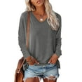 thumbnail image 2 of Womens T Shirts Spring Fall Trendy Solid Color Long Sleeved Sexy V-Neck Pullover Tee Tops Casual Regular Fit Workout Basic Tees, 2 of 4