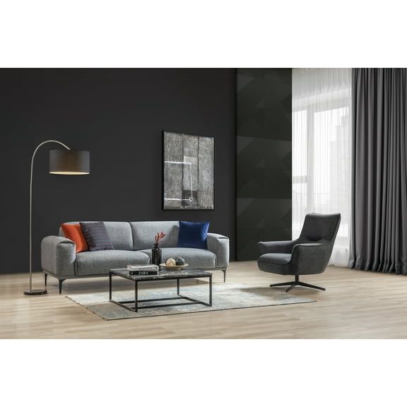 Whiteline Modern Living Fatsa Swivel Chair, Dark Gray Linen Fabric, Matte Black Powder-Coated Metal Legs