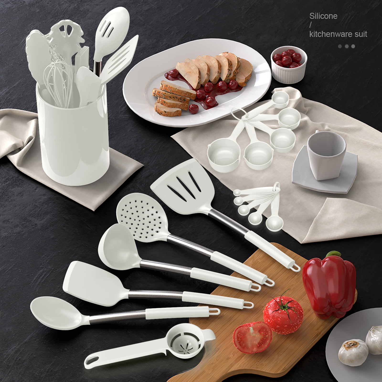 Large Silicone Cooking Utensils Set - Heat Resistant Kitchen Utensils,Turner Tongs,Spatula,Spoon,Brush,Whisk,Stainless Steel Silicone Cooking Tool for Nonstick Cookware,Dishwasher Safe (Cream White)