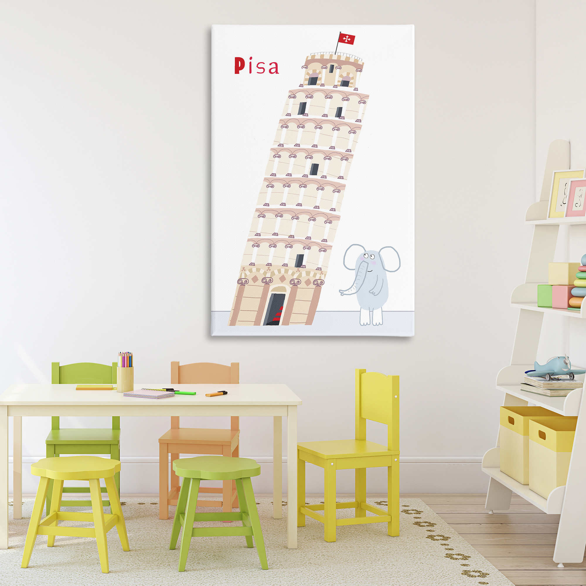 Elephant & Leaning Tower Pisa Canvas Wall Art, design by Carla Daly