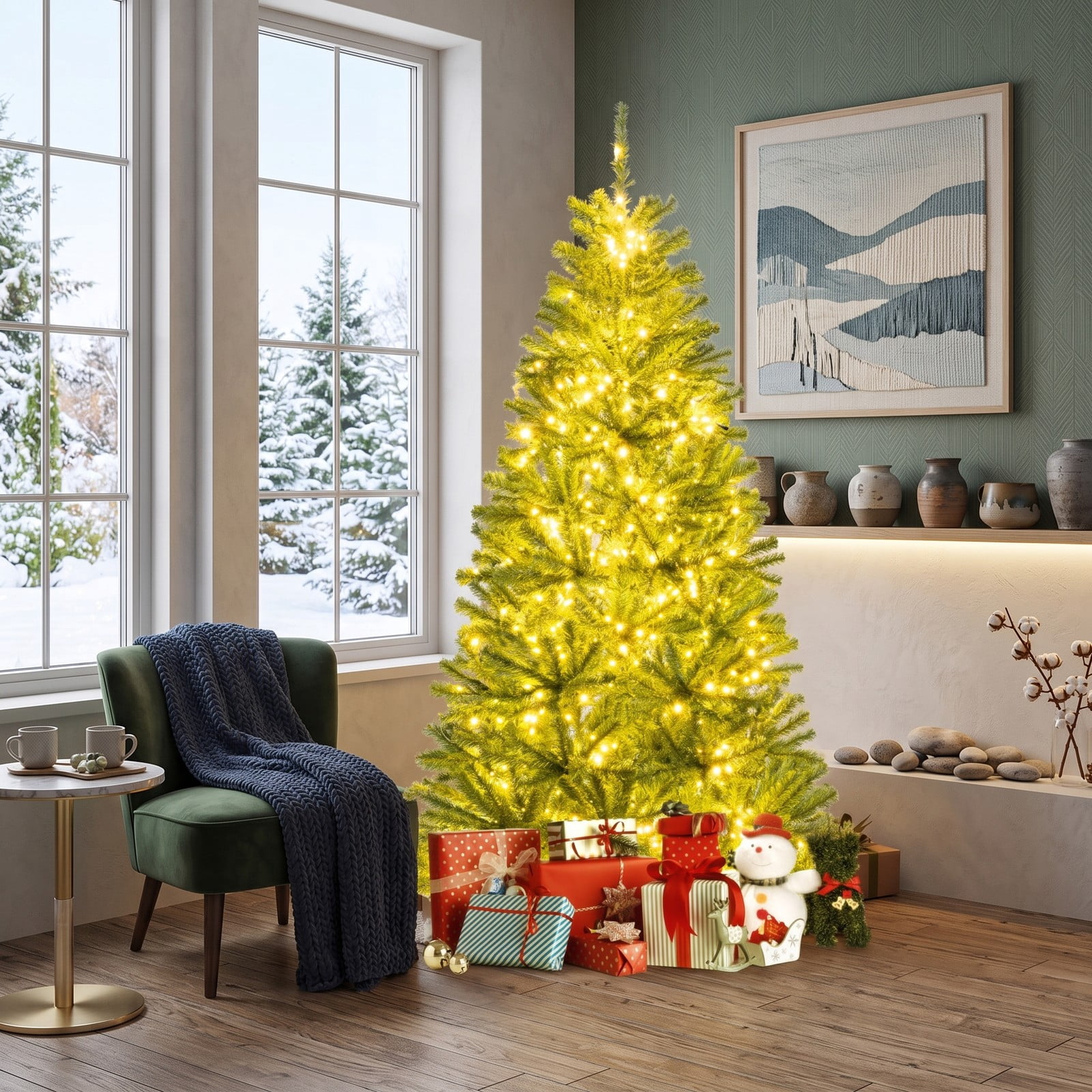 RUIE 6 FT Pre-Lit Artificial Christmas Tree with 700 LED Lights, Remote Control, Timer and Memory Function, Metal Stand, Flame-Retardant Full Xmas Tree for, Green