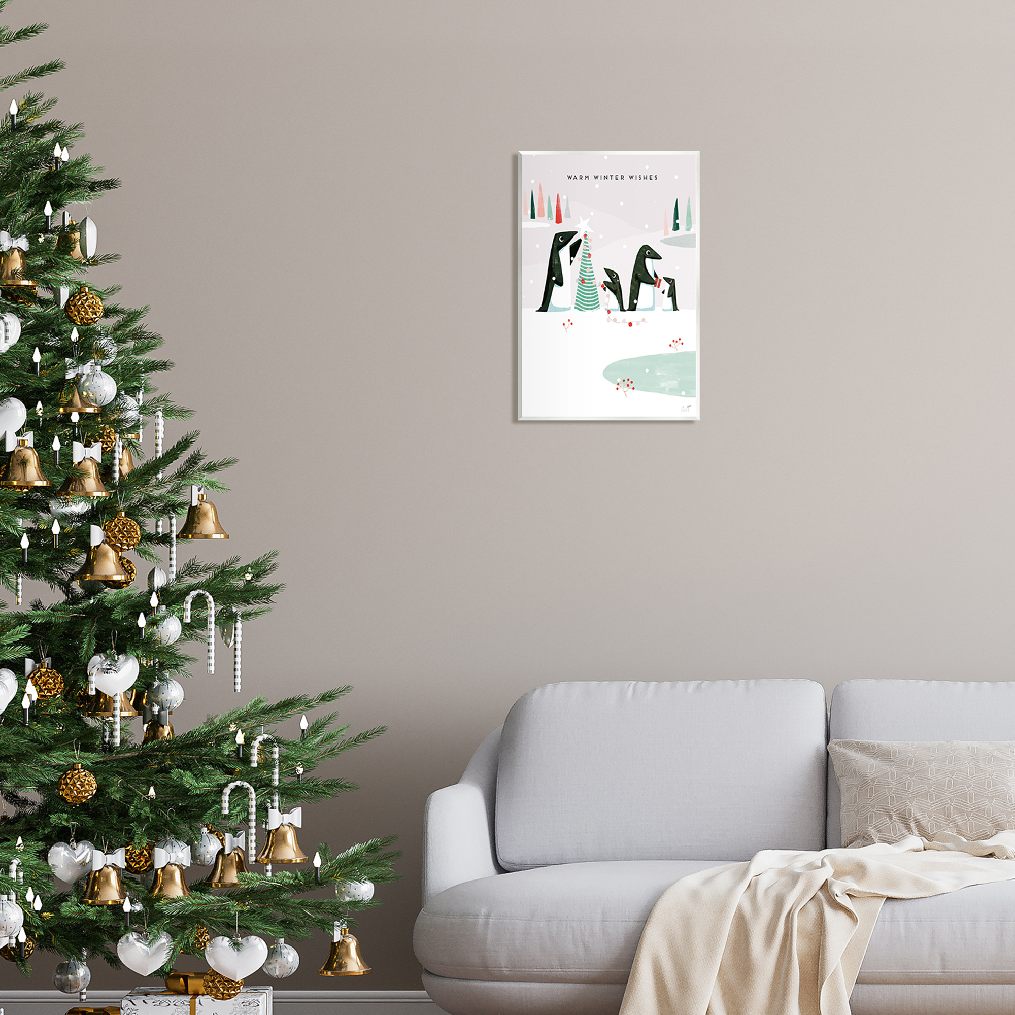 Stupell Industries Warm Winter Wishes Snowy Penguins Holiday Painting Unframed Art Print Wall Art