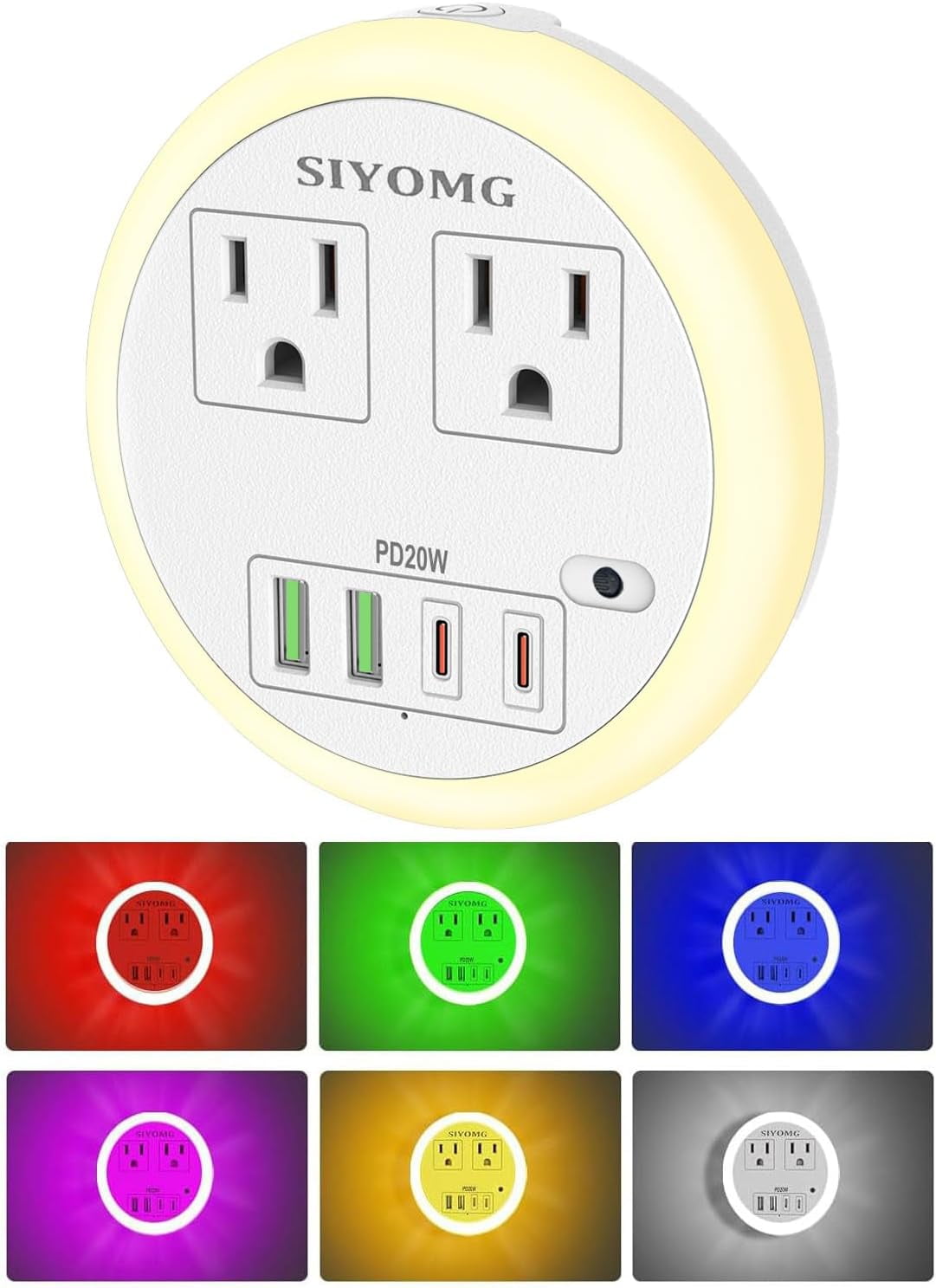 RGHJAR-LED Night Lights Plug into Wall, Plug in Night Light with 4 USB Ports and 2 Outlets, Smart Dusk to Dawn Sensor 6-Color Adjustable, Night Light for Bathroom Bedroom Hallway