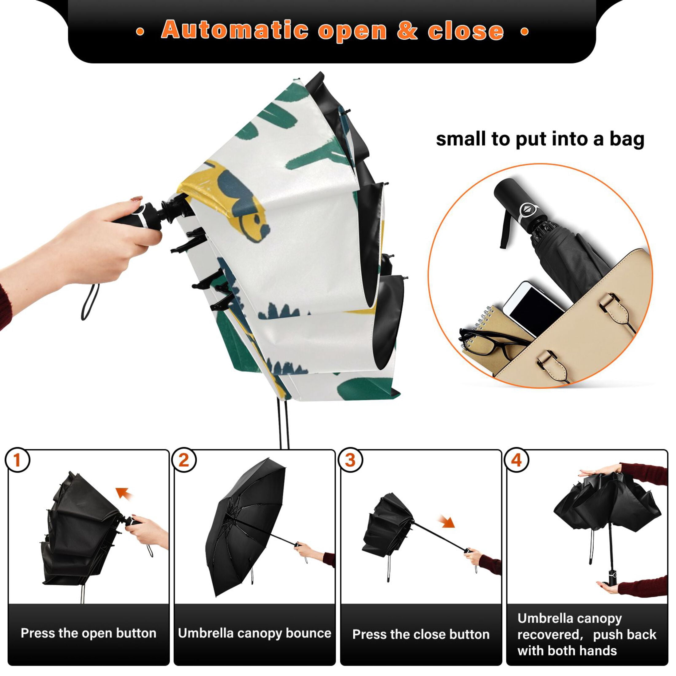 Cute Dinosaur Illustration Extra Large Automatic Umbrella, UV Protection, Waterproof, Auto Open and Close