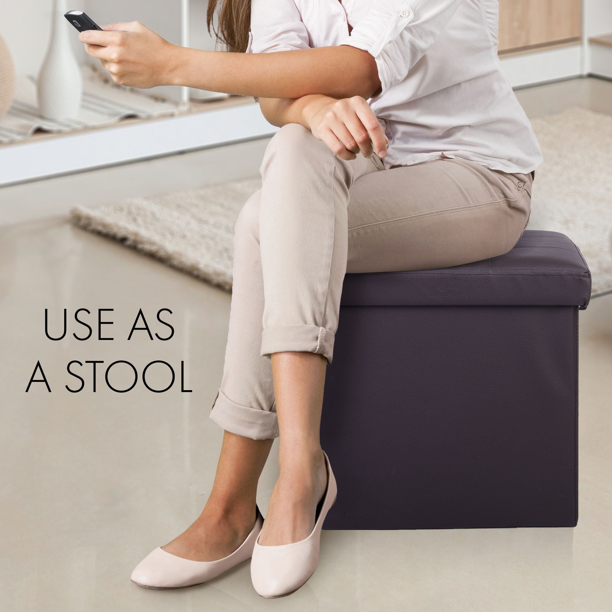 LotFancy 2 Pack 13" Faux Leather Storage Ottoman Cube, Square Foot Stool Ottoman with Storage, Brown