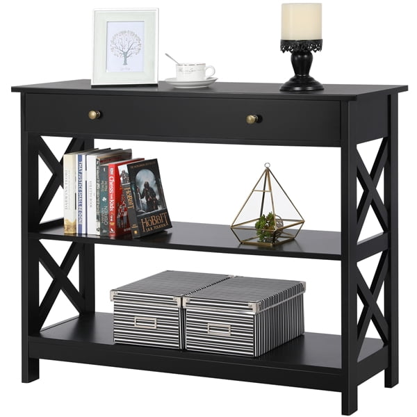 Easyfashion 3 Tier X Design Wood Console Table With Storage Drawer Black Com Design Wood Console Table, Black Console Table With Baskets