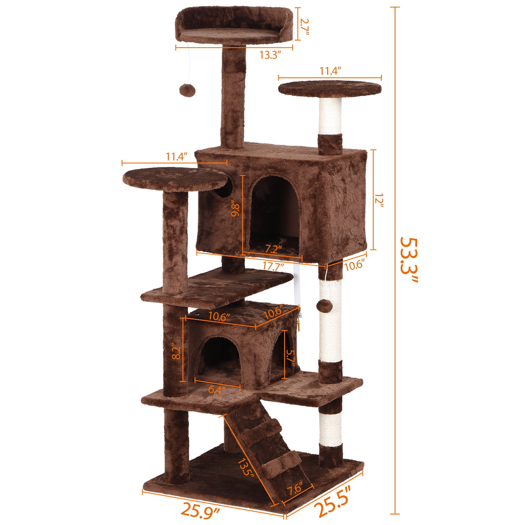 HomGarden 53'' Multi-Level Cat Tree Condo Cat Tower W/Scratching Posts & Plush Perch, Brown
