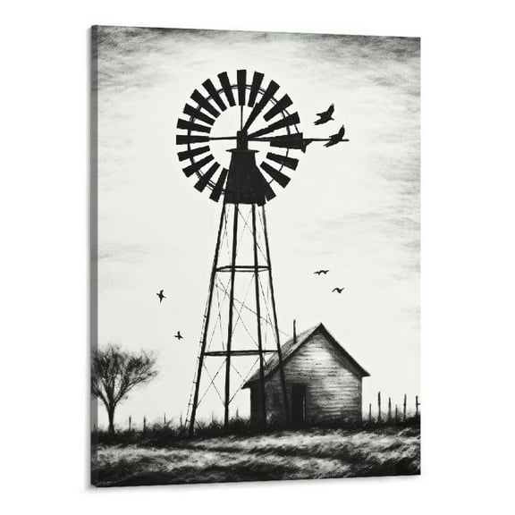 Creowell  Black and White Farmhouse Wall Art Farm Windmill Wall Decor Rustic Country Framed Canvas Prints Ready to Hang 16x20 Inch