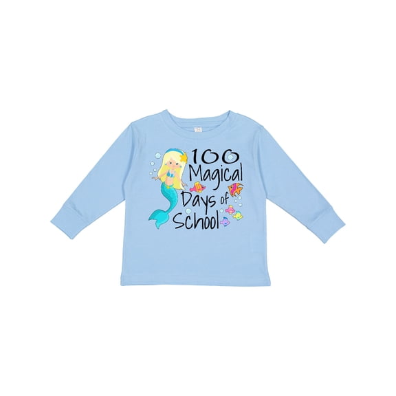 Inktastic 100 Magical Days of School with Blue Mermaid and Fish Boys or Girls Long Sleeve Toddler T-Shirt