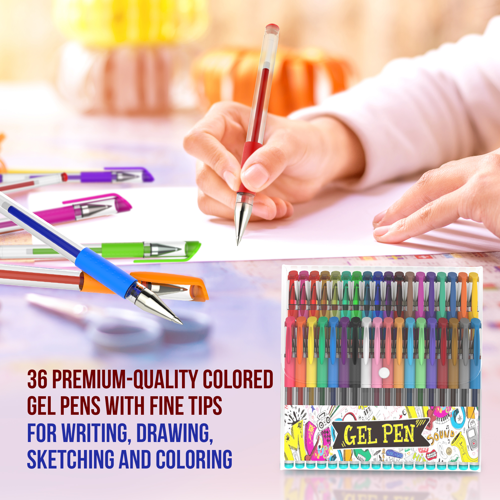 Nylea 36 Pack Glitter Gel Pens for Adult Coloring, Fine Tipped and  Comfortable Grip Gel Markers Set for Writing, Drawing, Sketching,  Highlighting, Kid- Doodling and Bullet Journaling 