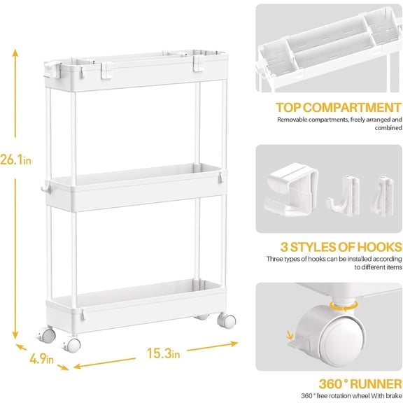 Slim Storage Cart 3 Tier, Mobile Shelving Unit for Office, Kitchen, Bathroom & Narrow Spaces, White
