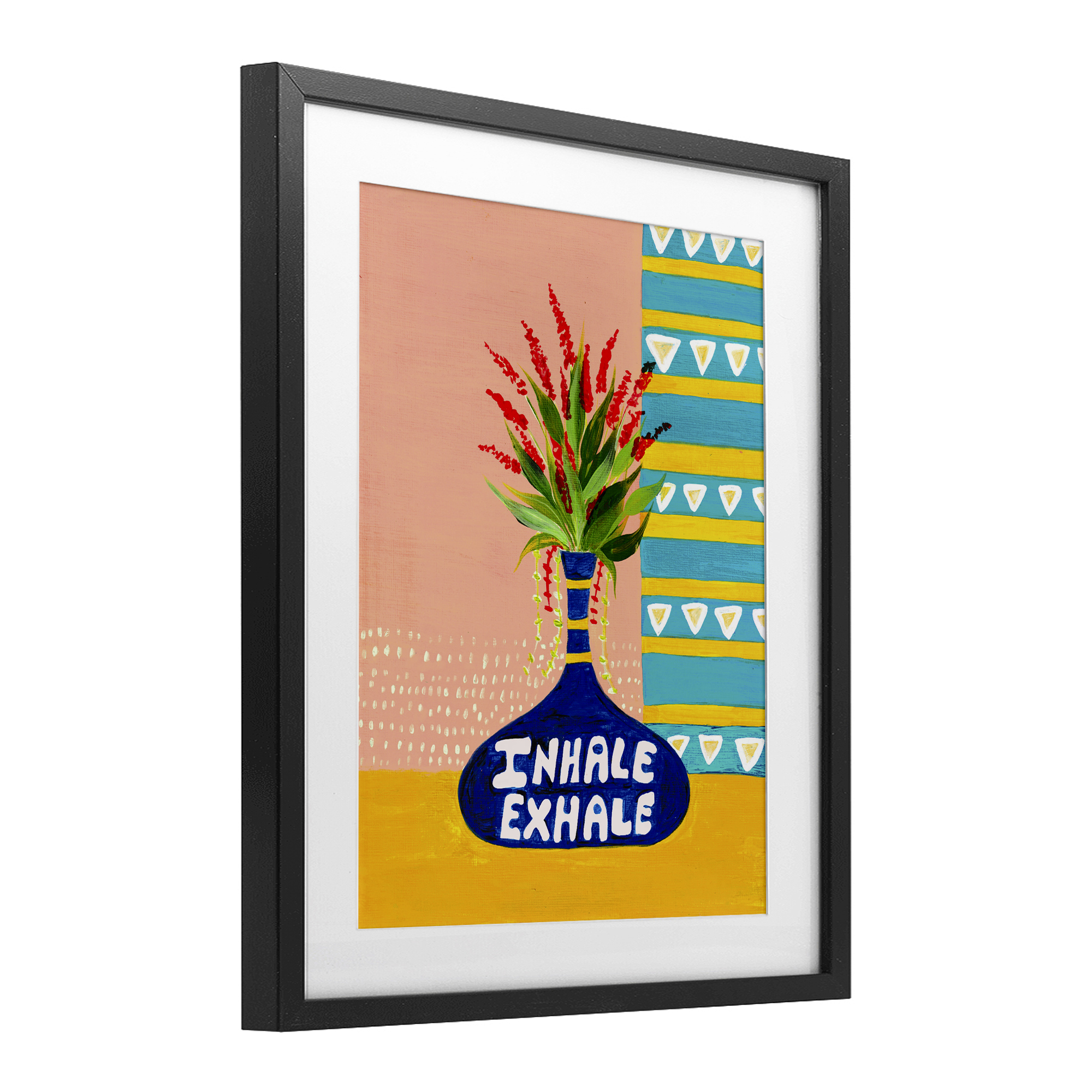 Inhale Exhale Flower Vase Black Framed Print Under Glass, design by Nabeela Rumi