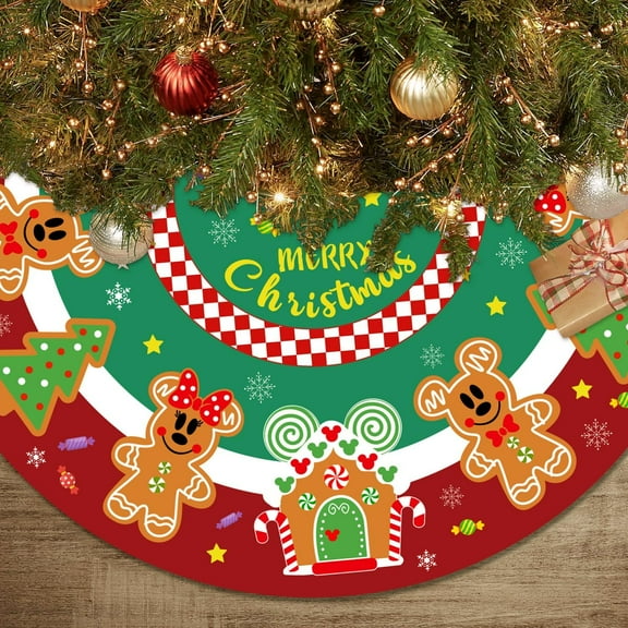 Christmas Tree Skirt Decorations 48inch Cute Xmas Mouse Gingerbread Tree Skirt Red and Green Gingerbread Style Christmas Tree Decor for New Year Winter Holiday Party Supplies