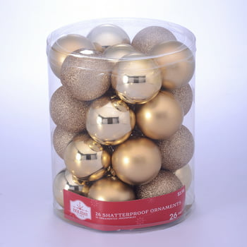 Holiday Time Gold Shatterproof Ball Christmas Ornaments, 26 Count