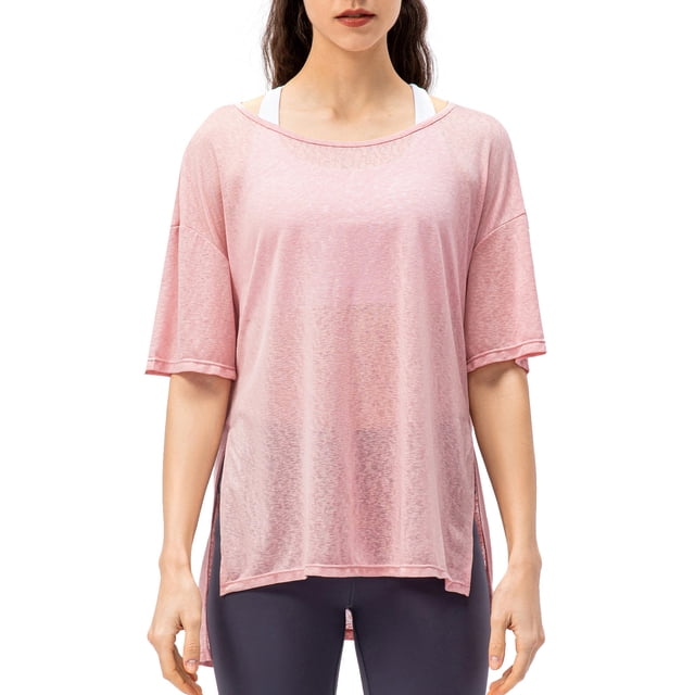 Camiseta holgada de mujer Medias mangas Abertura lateral Cubiertas para deportes Abanopi Rosa/XS