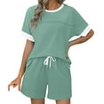thumbnail image 3 of Ahuyic Womens Summer Casual Outfit Set,Womens Plus Size Outfit,Womens Casual Short Sleeved Round Neck Top And Drawstring Shorts Two-piece Color Blocked Set, 3 of 5