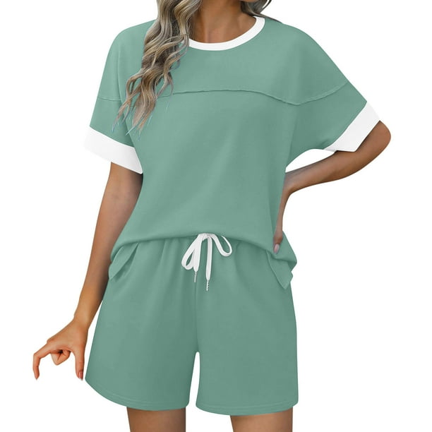 Tops de Cuello Redondo para las Mujeres Casual de Manga Corta Y Pantalones Cortos con Cordón de Dos Piezas Color Bloqueado Conjunto