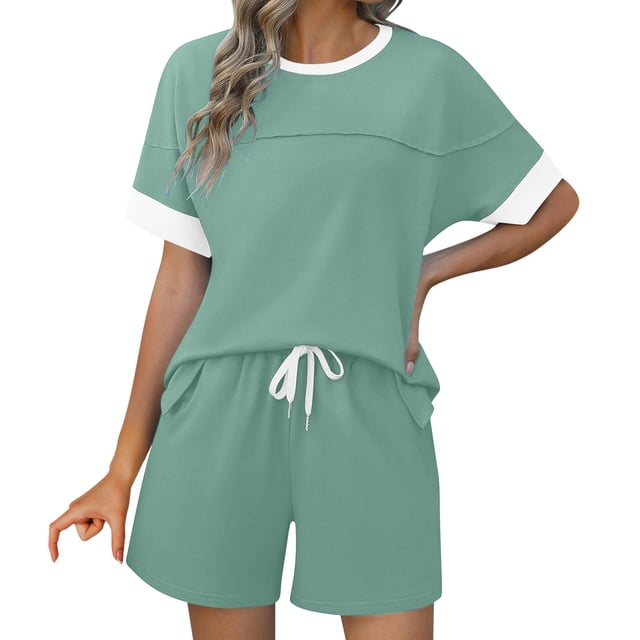 Tops de Cuello Redondo para las Mujeres Casual de Manga Corta Y Pantalones Cortos con Cordón de Dos Piezas Color Bloqueado Conjunto