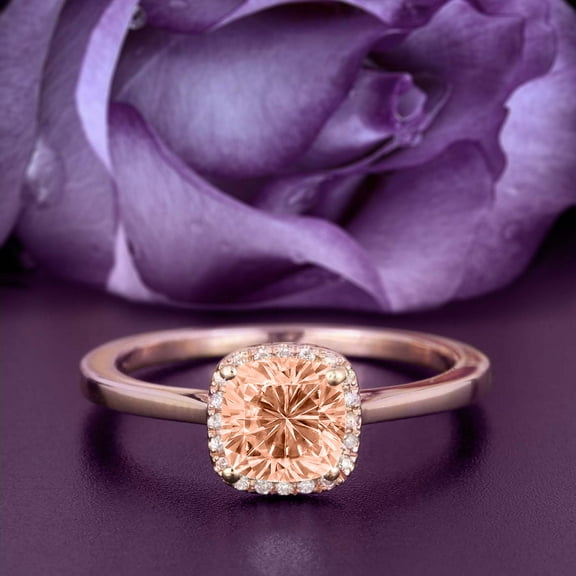 Dazzling Halo 1.55 Carat Cushion Cut Morganite And Diamond Moissanite Engagement Ring, Wedding Ring in 925 Sterling Silver With Plain 18k Rose Gold Plating Shank Gift For Her, Anniversary Ring