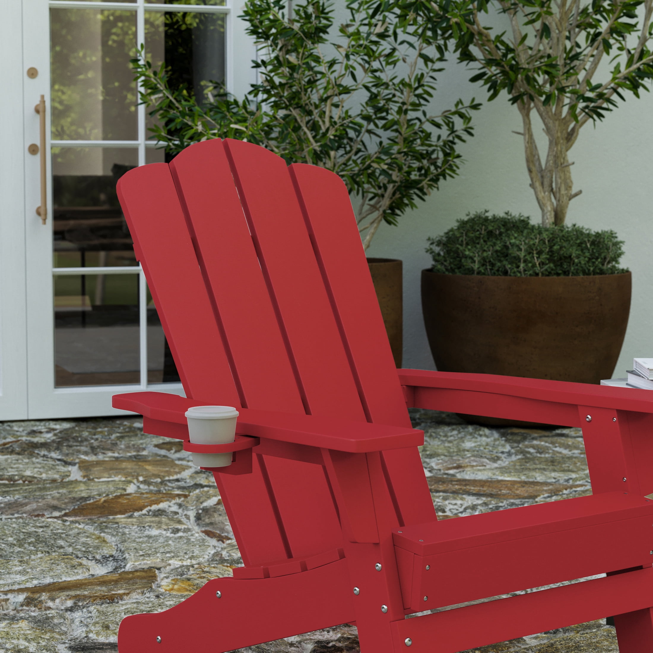 Merrick Lane Adirondack Chair with Cup Holder, Weather Resistant HDPE Adirondack Chair in Red, Set of 4
