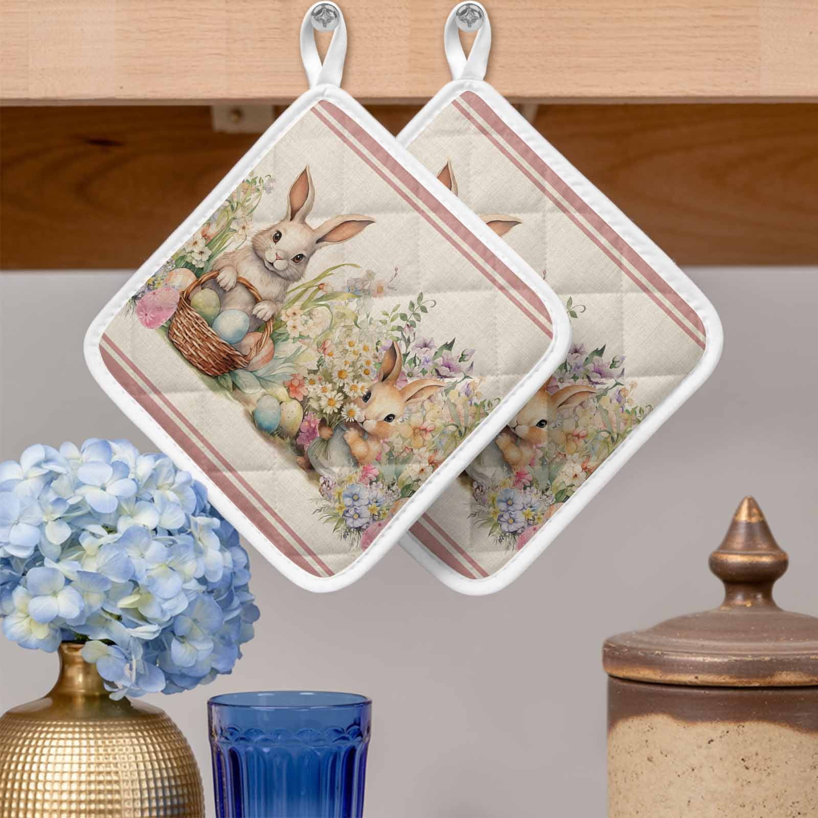Spring Floral Eater Bunny Pot Holders for Kitchen Heatproof Potholder, 2 Pack Colorful Eggs Rustic Red Hot Pads Multipurpose Oven Pads Cloth Potholders Trivet for Cooking and Baking