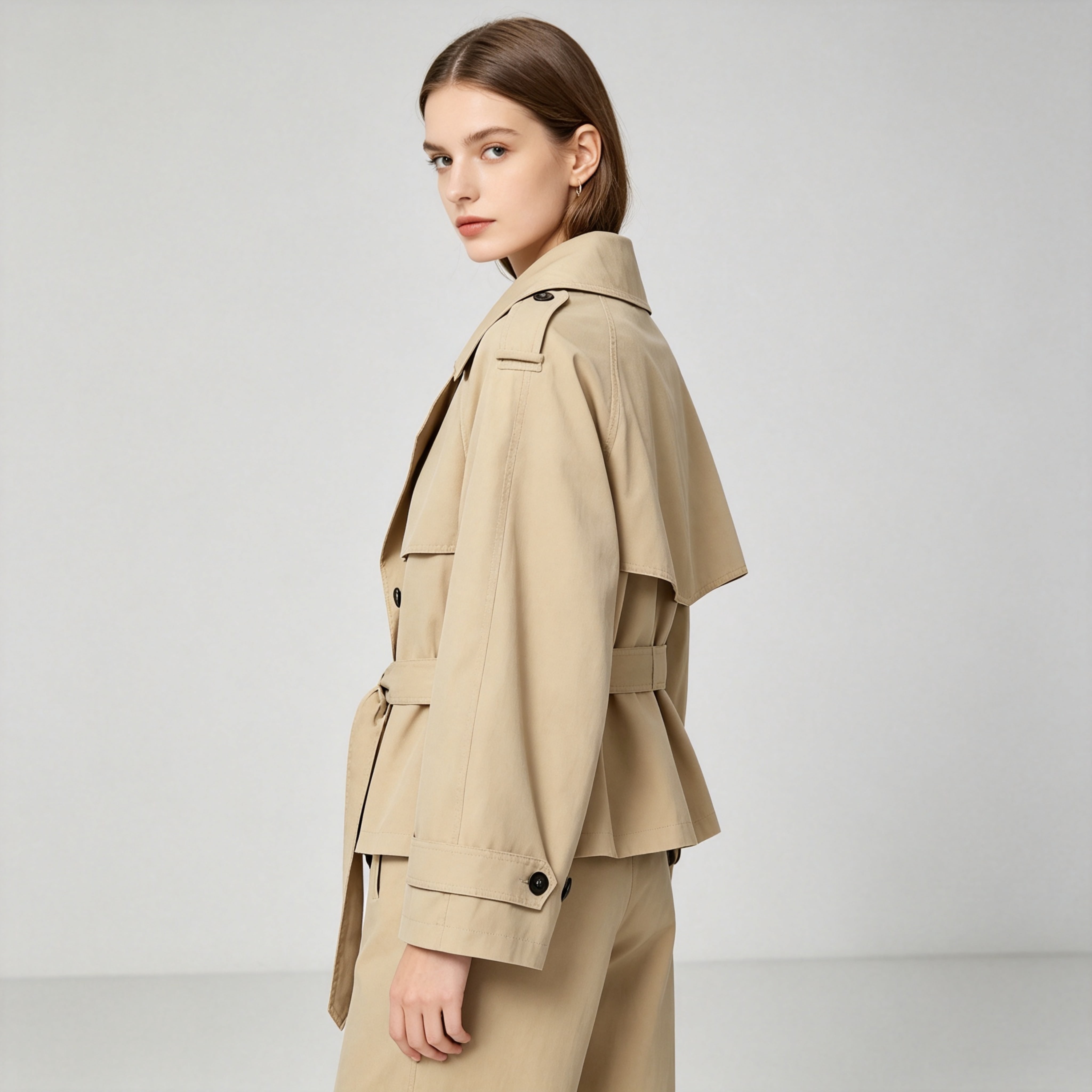Women's Double Breasted Cropped Trench Coat, Belted Lapel Short Windbreaker Jacket, Sizes XS-L