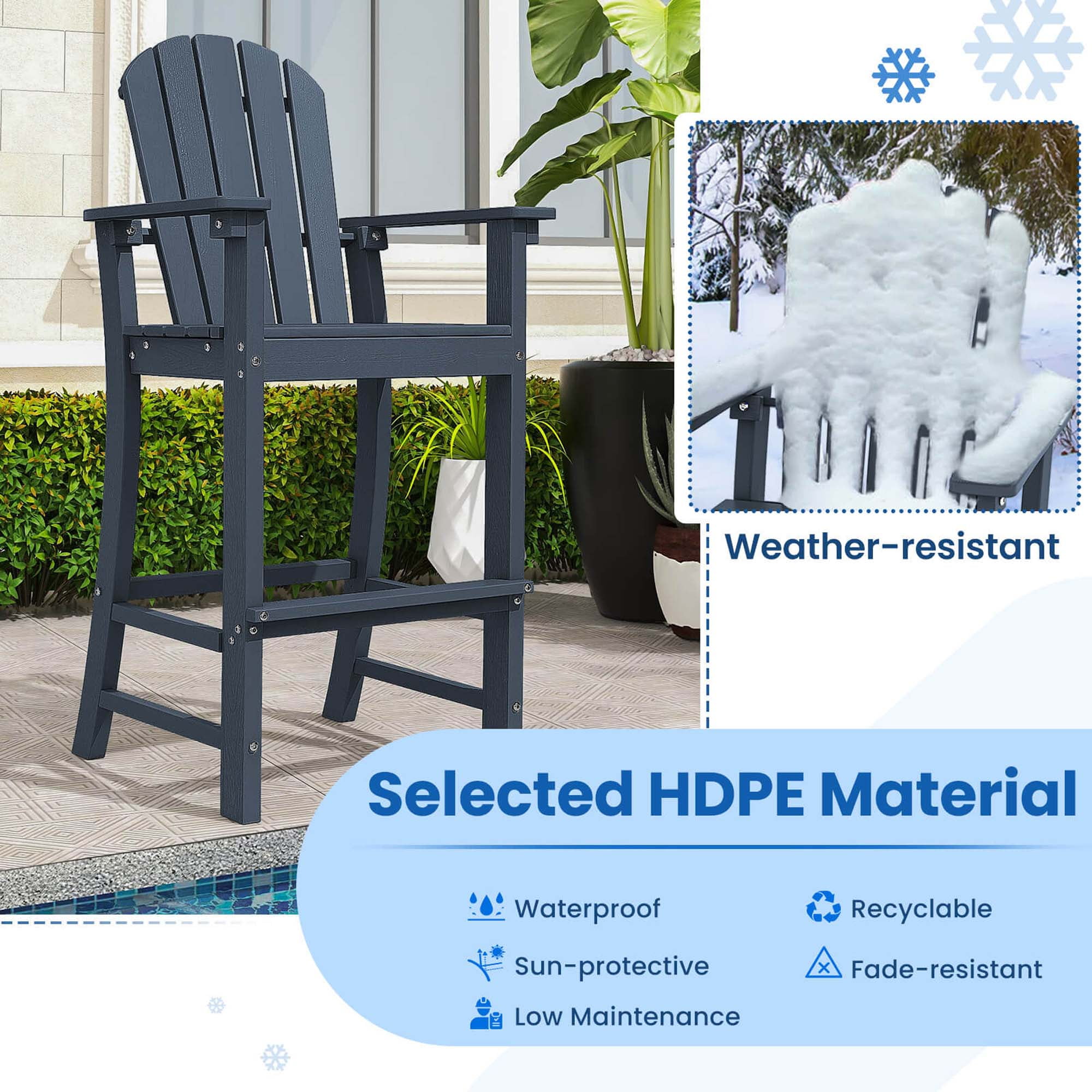 Costway Outdoor HDPE Bar Height Stool, Patio Tall Chair with