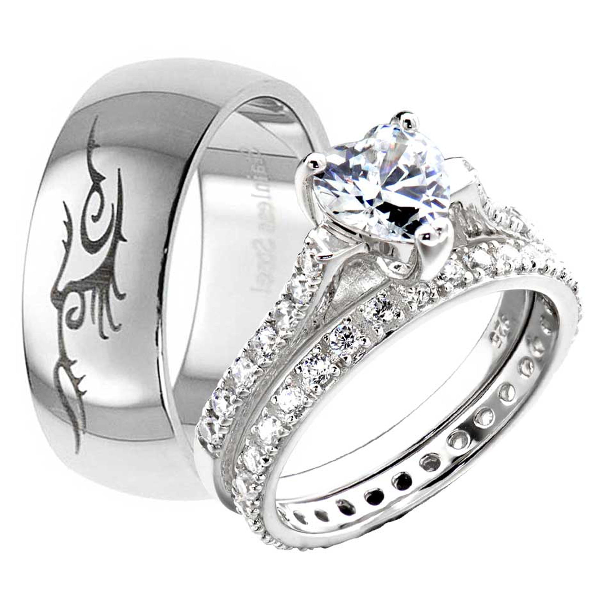 Sterling Silver His and Hers Wedding Engagement Ring Set Heart CZ Male