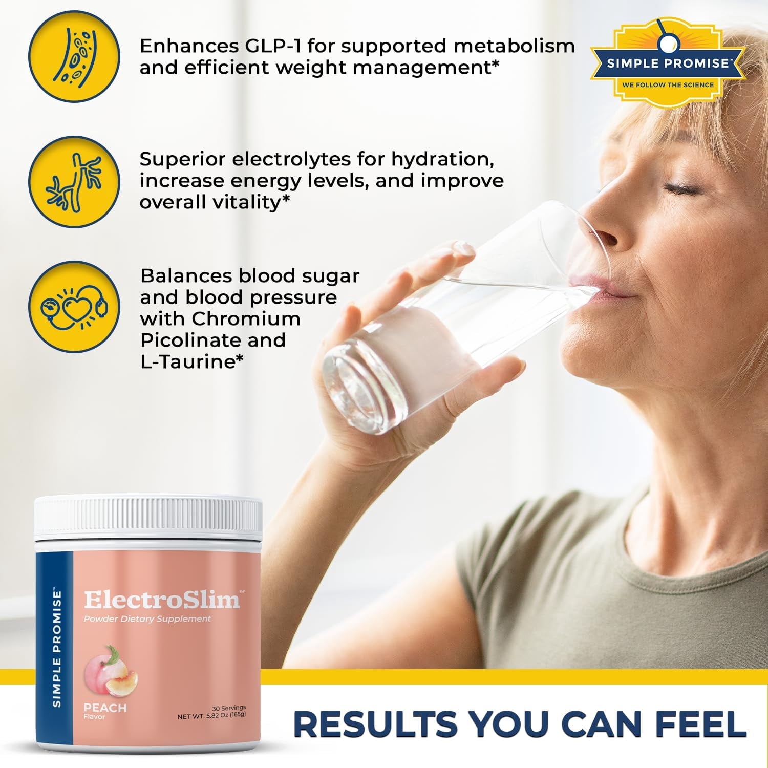 Simple Promise ElectroSlim - Sugar-Free Keto Electrolytes Powder -  No Sugar Formula for Daily Energy Support and  Hydration, Low Sodium Organic Electrolytes Powder,   - 30 Servings, Peach Flavor