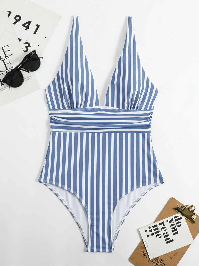 HOTIAN Women Stripe One Piece Swimsuit, Deep V Neck, Tummy Control