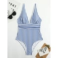 thumbnail image 5 of Hotian Women Stripe One Piece Swimsuit Plunge V Neck One Piece Bathing Suit Deep V-Neck Sexy Swimwear Blue XL, 5 of 7