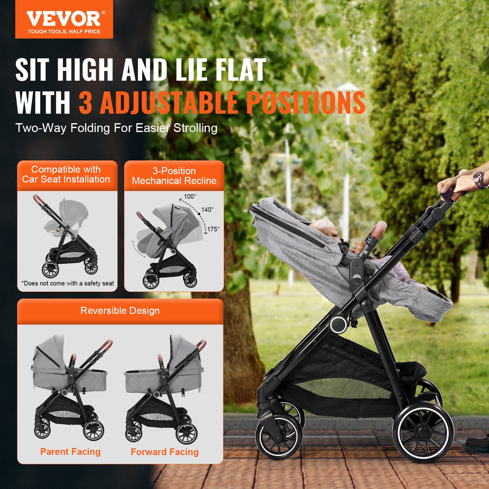 KFFKFF 2 in 1 Convertible Baby Stroller, Foldable Infant Newborn Bassinet Pram, Unisex Travel Stroller for Newborn Baby, Dark Grey